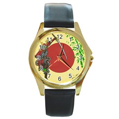 Meme Samurai Artwork Japaneses Round Gold Metal Watch by Cendanart