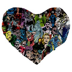 Vintage Horror Collage Pattern Large 19  Premium Flano Heart Shape Cushions by Ket1n9