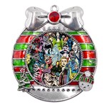 Vintage Horror Collage Pattern Metal X Mas Ribbon With Red Crystal Round Ornament Front