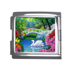 Swan Bird Spring Flowers Trees Lake Pond Landscape Original Aceo Painting Art Mega Link Italian Charm (18mm) by Ket1n9