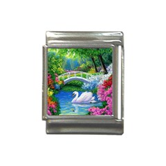 Swan Bird Spring Flowers Trees Lake Pond Landscape Original Aceo Painting Art Italian Charm (13mm) by Ket1n9