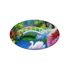 Swan Bird Spring Flowers Trees Lake Pond Landscape Original Aceo Painting Art Sticker (oval) by Ket1n9