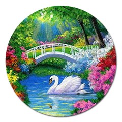 Swan Bird Spring Flowers Trees Lake Pond Landscape Original Aceo Painting Art Magnet 5  (round) by Ket1n9