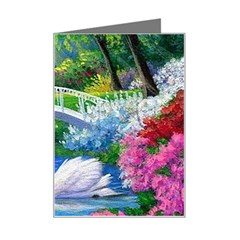 Swan Bird Spring Flowers Trees Lake Pond Landscape Original Aceo Painting Art Mini Greeting Card by Ket1n9