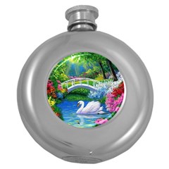 Swan Bird Spring Flowers Trees Lake Pond Landscape Original Aceo Painting Art Round Hip Flask (5 Oz) by Ket1n9