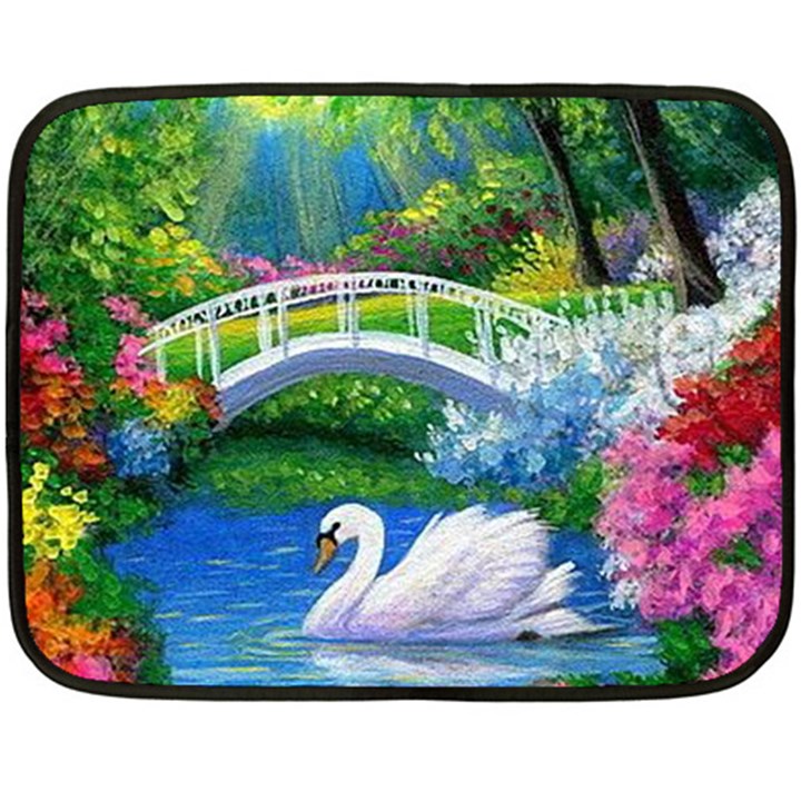 Swan Bird Spring Flowers Trees Lake Pond Landscape Original Aceo Painting Art Fleece Blanket (Mini)