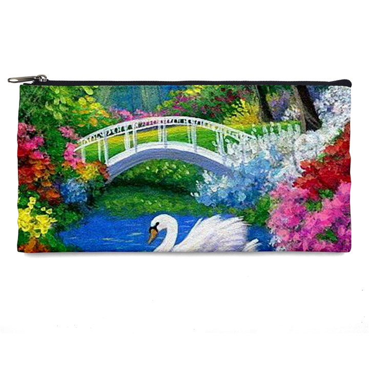 Swan Bird Spring Flowers Trees Lake Pond Landscape Original Aceo Painting Art Pencil Case