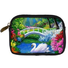 Swan Bird Spring Flowers Trees Lake Pond Landscape Original Aceo Painting Art Digital Camera Leather Case by Ket1n9