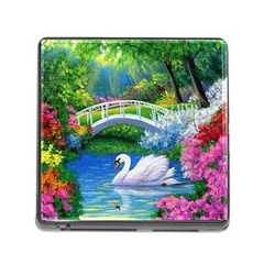 Swan Bird Spring Flowers Trees Lake Pond Landscape Original Aceo Painting Art Memory Card Reader (square 5 Slot) by Ket1n9