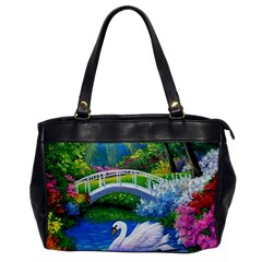 Swan Bird Spring Flowers Trees Lake Pond Landscape Original Aceo Painting Art Oversize Office Handbag by Ket1n9