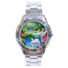 Swan Bird Spring Flowers Trees Lake Pond Landscape Original Aceo Painting Art Stainless Steel Analogue Watch by Ket1n9