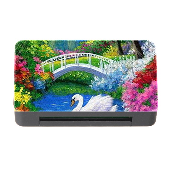 Swan Bird Spring Flowers Trees Lake Pond Landscape Original Aceo Painting Art Memory Card Reader with CF