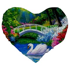 Swan Bird Spring Flowers Trees Lake Pond Landscape Original Aceo Painting Art Large 19  Premium Heart Shape Cushions by Ket1n9