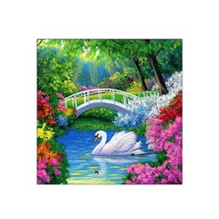 Swan Bird Spring Flowers Trees Lake Pond Landscape Original Aceo Painting Art Satin Bandana Scarf 22  X 22  by Ket1n9