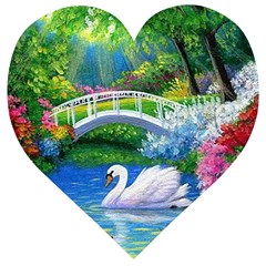 Swan Bird Spring Flowers Trees Lake Pond Landscape Original Aceo Painting Art Wooden Puzzle Heart by Ket1n9