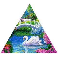 Swan Bird Spring Flowers Trees Lake Pond Landscape Original Aceo Painting Art Wooden Puzzle Triangle by Ket1n9