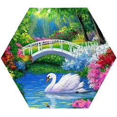 Swan Bird Spring Flowers Trees Lake Pond Landscape Original Aceo Painting Art Wooden Puzzle Hexagon by Ket1n9