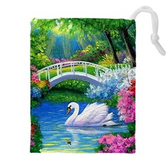 Swan Bird Spring Flowers Trees Lake Pond Landscape Original Aceo Painting Art Drawstring Pouch (4xl) by Ket1n9