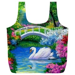 Swan Bird Spring Flowers Trees Lake Pond Landscape Original Aceo Painting Art Full Print Recycle Bag (xxxl) by Ket1n9