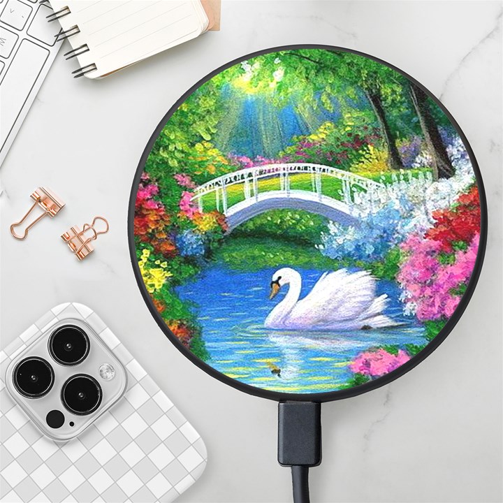 Swan Bird Spring Flowers Trees Lake Pond Landscape Original Aceo Painting Art Wireless Fast Charger(Black)