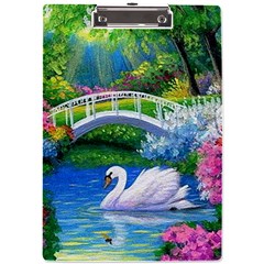 Swan Bird Spring Flowers Trees Lake Pond Landscape Original Aceo Painting Art A4 Acrylic Clipboard by Ket1n9