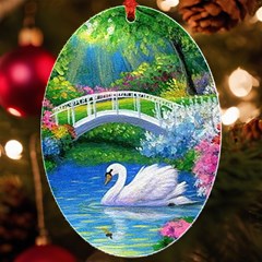 Swan Bird Spring Flowers Trees Lake Pond Landscape Original Aceo Painting Art Uv Print Acrylic Ornament Oval by Ket1n9