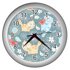 Cute Cat Background Pattern Wall Clock (silver) by Ket1n9