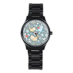 Cute Cat Background Pattern Stainless Steel Round Watch by Ket1n9