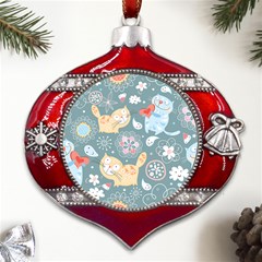 Cute Cat Background Pattern Metal Snowflake And Bell Red Ornament by Ket1n9