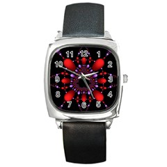 Fractal Red Violet Symmetric Spheres On Black Square Metal Watch by Ket1n9