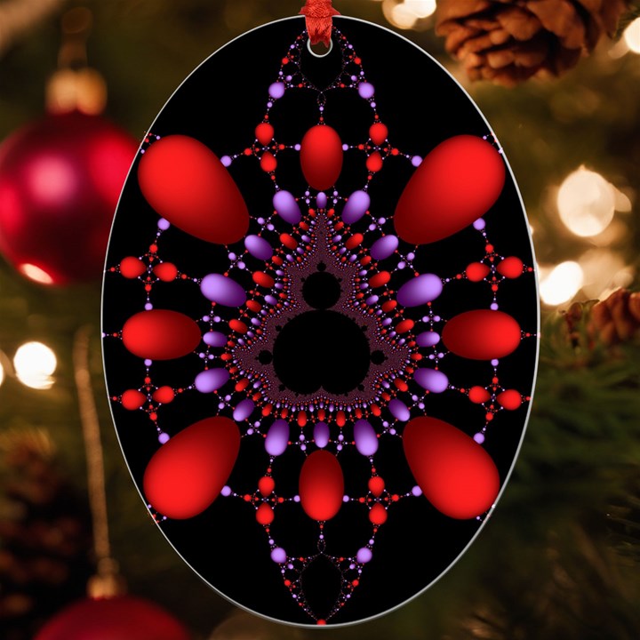 Fractal Red Violet Symmetric Spheres On Black UV Print Acrylic Ornament Oval