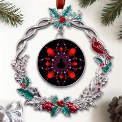 Fractal Red Violet Symmetric Spheres On Black Metal X mas Wreath Holly Leaf Ornament by Ket1n9