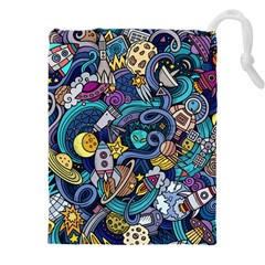 Cartoon Hand Drawn Doodles On The Subject Of Space Style Theme Seamless Pattern Vector Background Drawstring Pouch (5xl) by Ket1n9