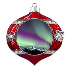 Aurora Stars Sky Mountains Snow Aurora Borealis Metal Snowflake And Bell Red Ornament by Ket1n9