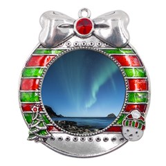 Aurora Borealis Lofoten Norway Metal X mas Ribbon With Red Crystal Round Ornament