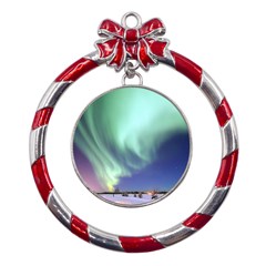 Aurora Borealis Alaska Space Metal Red Ribbon Round Ornament