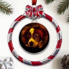 Cute 3d Dog Metal Red Ribbon Round Ornament by Ket1n9