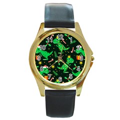 Christmas Funny Pattern Dinosaurs Round Gold Metal Watch by Ket1n9