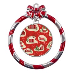 Christmas New Year Seamless Pattern Metal Red Ribbon Round Ornament by Ket1n9