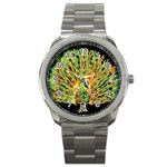 Unusual Peacock Drawn With Flame Lines Sport Metal Watch Front