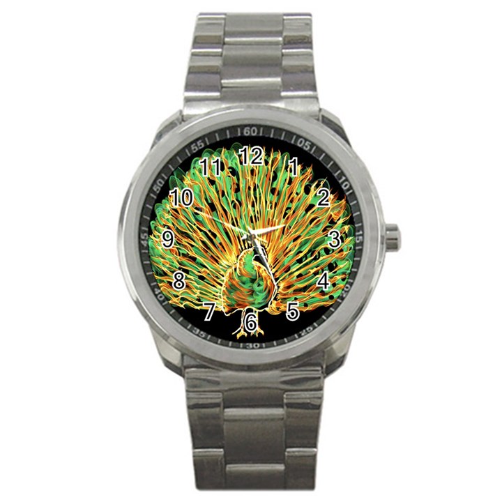 Unusual Peacock Drawn With Flame Lines Sport Metal Watch