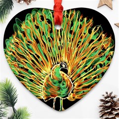 Unusual Peacock Drawn With Flame Lines Heart Ornament (two Sides) by Ket1n9