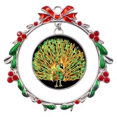 Unusual Peacock Drawn With Flame Lines Metal X mas Wreath Ribbon Ornament by Ket1n9