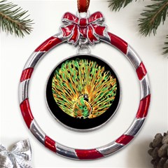 Unusual Peacock Drawn With Flame Lines Metal Red Ribbon Round Ornament by Ket1n9