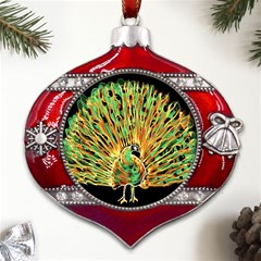 Unusual Peacock Drawn With Flame Lines Metal Snowflake And Bell Red Ornament by Ket1n9