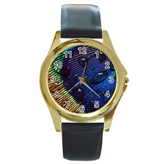 Peacock Feather Retina Mac Round Gold Metal Watch by Ket1n9