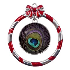 Peacock Feather Metal Red Ribbon Round Ornament