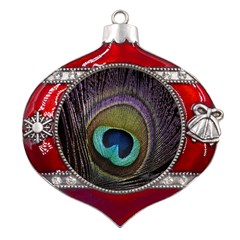 Peacock Feather Metal Snowflake And Bell Red Ornament by Ket1n9