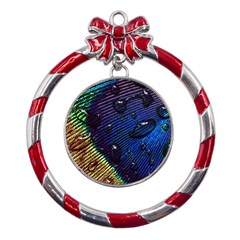 Peacock Feather Retina Mac Metal Red Ribbon Round Ornament