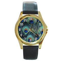 Feathers Art Peacock Sheets Patterns Round Gold Metal Watch by Ket1n9